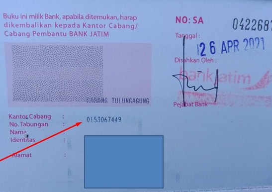Contoh Letak Nomor Rekening di Buku Tabungan Bank Jatim